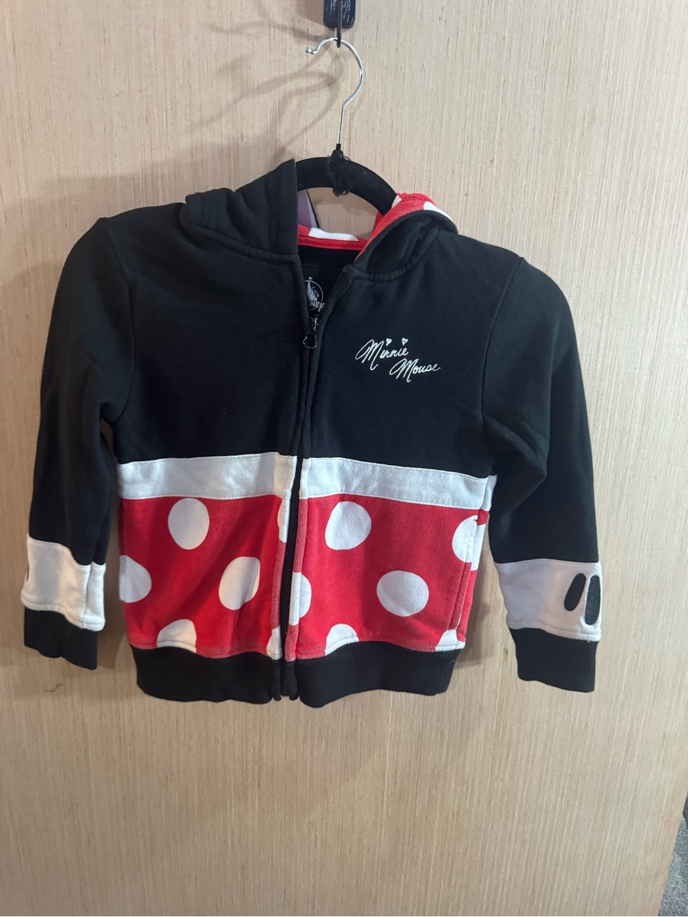 Disney Minnie Mouse Black & Red Polka Dot Hooded Zip Sweatshirt Size Small